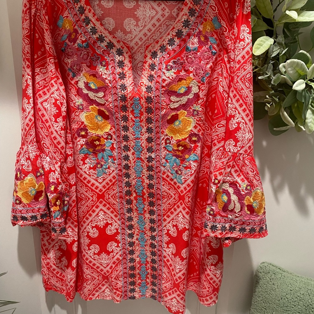 Floral Embroidered Red Women's Top